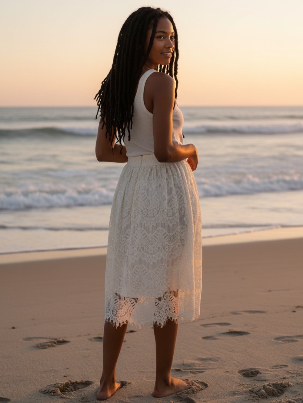 Boho Delicate Intricate Cottagecore Cream Lace Overlay Midi Skirt